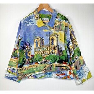 Michael Leu Art Jacket Large Paris Notre Dame Print Rhinestone Button Front Boxy